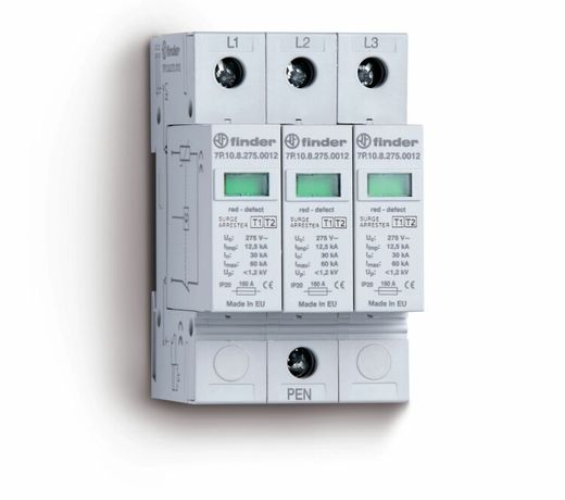 Устройство защиты от импульсных перенапряжений УЗИП тип 1 (3 варистора); модульный, ширина 52.5мм; степень IP20 | 7P1382751012 Finder