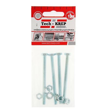 Болт DIN933 с шестигранной головкой оцинк. М6х80 + гайка шайба (4 шт) - пакет ( 0,08 кг) | 112721 Tech-KREP