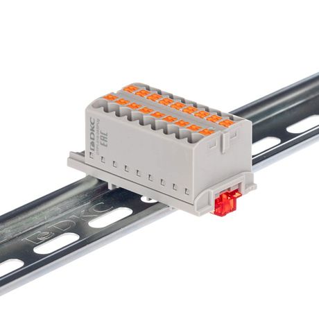 Блок распределительный с вертикал. адаптером на рейки шириной 15/35мм зажим push-in 18 точек подключения 2.5кв.мм сер. DKC DTP1-018-04SPUG-V ДКС