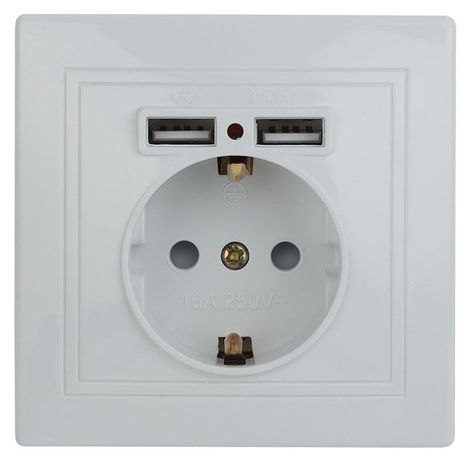 Розетка P+E Schuko со шторками, 16А-250В + 2хUSB 5В-2,1А, IP20, СУ, Plano, белый, 1-410-01 - Б0043247 ЭРА