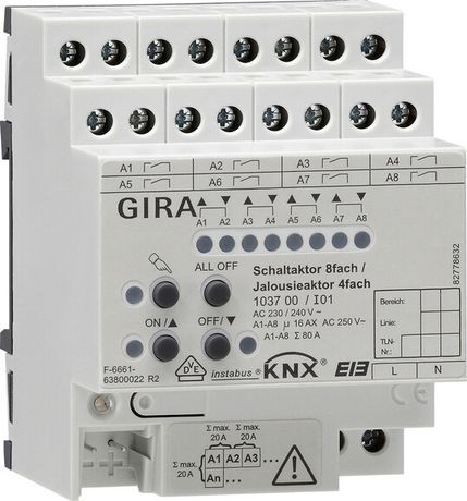 Актор для жалюзи/выкл 4/8 каналов 16 А возм руч управ DIN-рейка Gira KNX 103700
