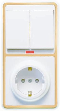 БЭЛЛА Блок БКВР-210 Выключатель двухклавишный с подсветкой + розетка заземлением со шторками золото - 5838 Кунцево