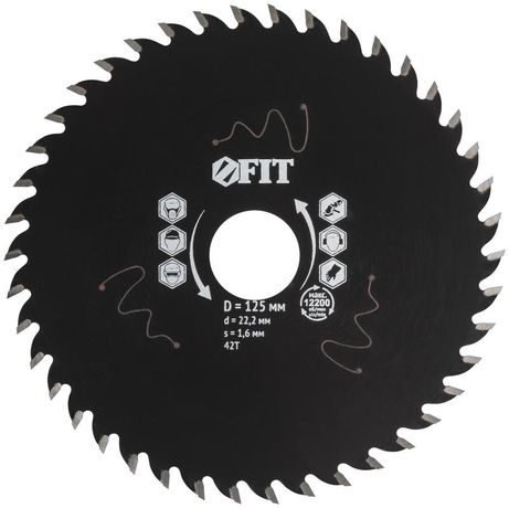 Диск пильный по дереву посадочный диаметр 22.2мм 42зуб. с карбидными вставками 125мм FIT 37640 РОС