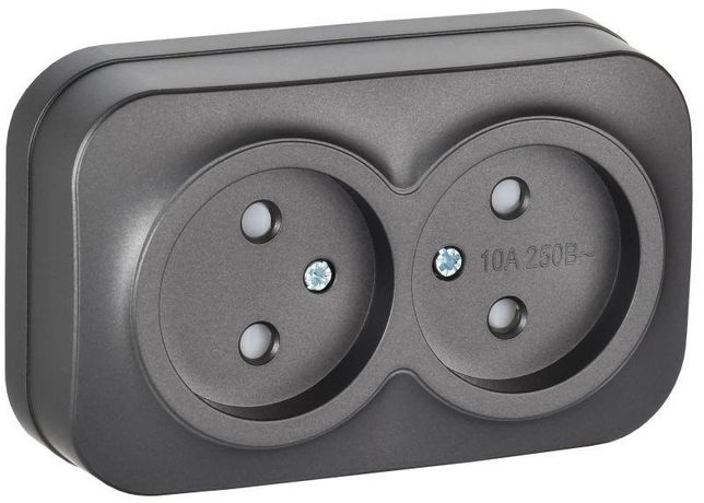 Розетка 2-м ОП GLORY РСш22-2-ХСм 10А без заземл. защ. шторки сталь матов. IEK ERH23-K46M-10