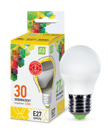 Лампа светодиодная LED-шар-standard 3.5Вт шар 3000К тепл. бел. E27 320лм 160-260В ASD 4690612000374