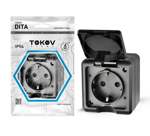 Розетка 1-м ОП Dita 16А IP54 250В с заземл. крышкой карбон TOKOV ELECTRIC TKL-DT-R1Z-C14-IP54
