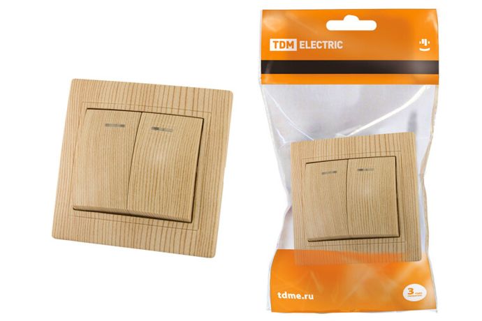 Выключатель 2 кл. с подсветкой 10А "ЭКО" (сосна) "Таймыр" | SQ1814-0205 TDM