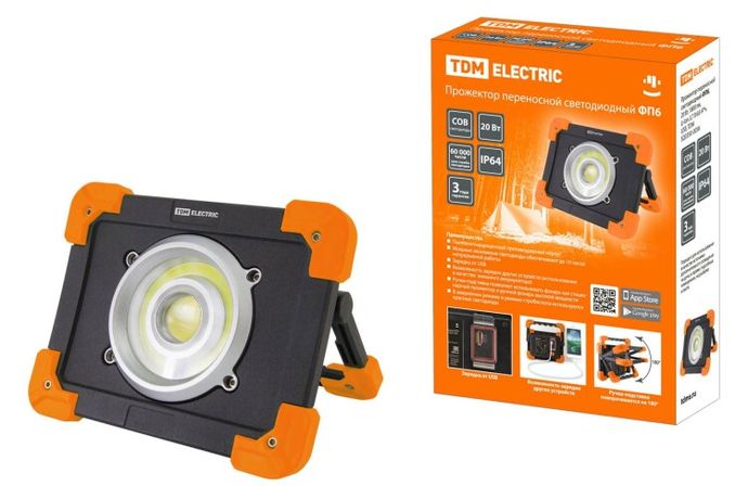 Прожектор переносной светодиодный ФП6, 20 Вт, 1800 лм, Li-Ion 3,7 B 6,6 A*ч, USB | SQ0350-0056 TDM
