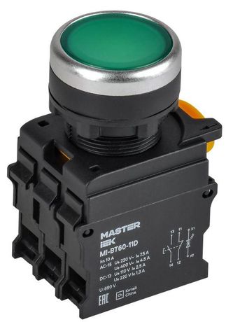 Кнопка с подсветкой d=22мм 1NO+1NC зелёная MASTER | MI-BT60-11D-3-12-K06 IEK