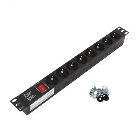 Блок розеток , 19 1U, пластик, 1ф10A, 2.3кВт, (8) Schuko CEE 7/7, выкл. с подсв.и крыш., вх. 60320 С14 - NTSS-PDU-DA1015 ЦБ-00140520
