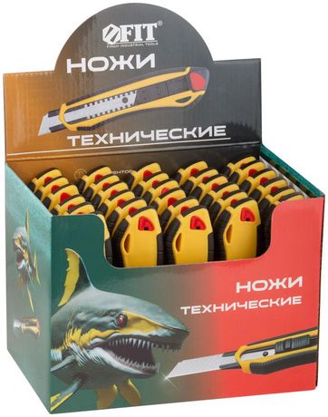 Нож технический 18 мм усиленный прорезиненный, 2-х сторонняя автофиксация, 30 шт. в шоу-боксе - 10249 РОС