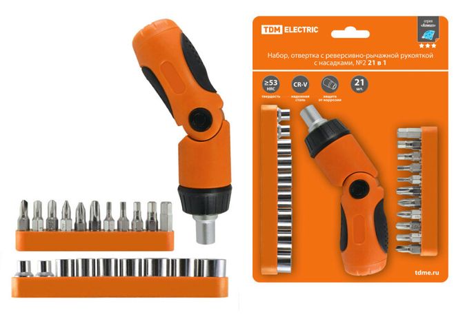 Набор отвертка с реверсивно-рычажной рукояткой насадками, №2, 21 предмет "Алмаз" | SQ1019-0202 TDM