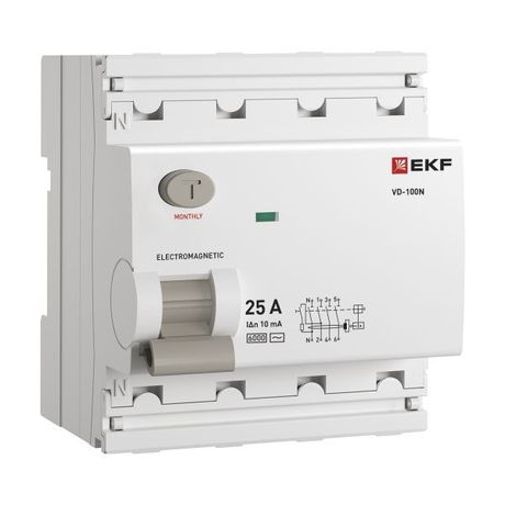 Выключатель дифференциального тока ВД-100N 4P 25А 10мА тип AC эл-мех 6кА PROXIMA EKF | E1046M2510