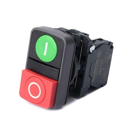 Кнопка двойная SB5 в сборе модуль 22мм зел."I"+красн. выступ."O" пластик 1НО+1НЗ SE SB5AL73415 APC