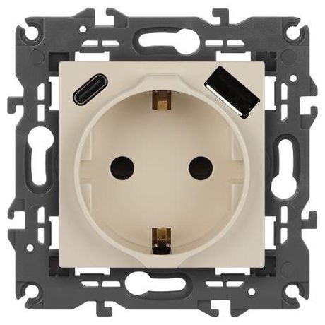 Розетка Elegance 14-4108-02 2P+E 16A-250В со шторками с USB type-A+C 5В-3А слоновая кость | Б0067725 ЭРА