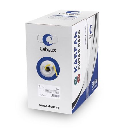 Кабель витая пара UTP-4P-Cat.5e-SOLID-YL UTP (U/UTP), категория 5e, 4 пары (24 AWG), одножильный, PVC нг(А)-LS, желтый (305 м), системная гарантия 25 лет. - 7251c Cabeus
