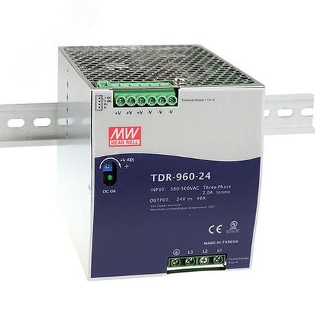 Блок питания AC-DC, 960Вт, ККМ, 3-х фазный, вход 340-550В AC, 47-63,480-780В DC, выход 48В,20A, рег. вых 48-55В, в кожухе на DIN-рейку - TDR-960-48 Mean well Т02129692