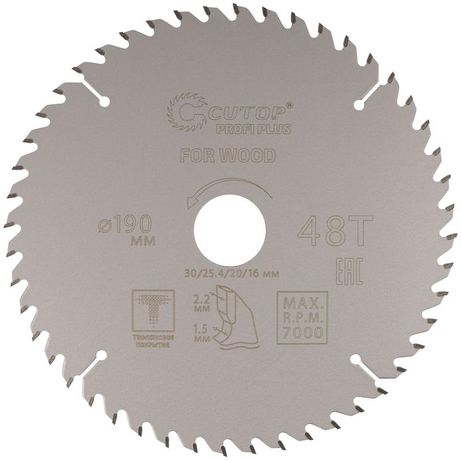 Диск пильный по дереву с тефлоновым покрытием 48Т, CUTOP Profi plus, 190 х 1,5/2,2 30/25,4/20/16 мм - 75-19048Т РОС