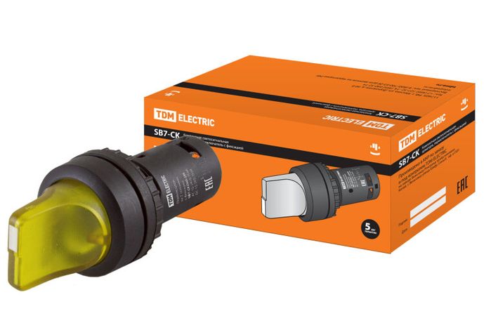 Переключатель на 2 положения с фиксацией SB7-CK2565-24V короткая ручка(LED) d22мм 1з+1р желтый | SQ0746-0064 TDM