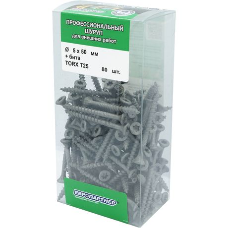 Саморез конструкционный по дереву 5X50 TX 25 потайная головка, коррозионностойкий, с битой (80 шт.) - B3 0070 Европартнер