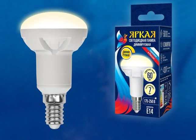 Лампа светодиодная LED-R50 7W/3000K/E14/FR/DIM PLP01WH LED, димм.. "Рефлектор", мат, серия Яркая, пр-во Россия, 3000К . | UL-00004710 Uniel