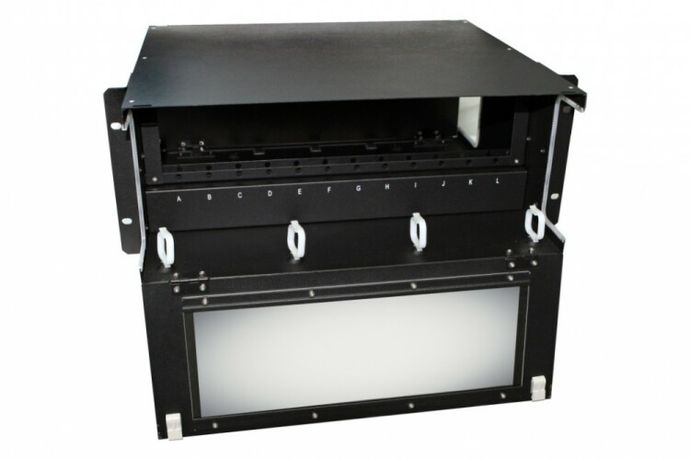 Патч-панель 19дюйм FO-19BX-4U-F2-12хSLT-W120H32-EMP универс. пустой корпус 4U фиксир. рама верт. 12 вертикальных слотов вмещает FPM панелей с адаптерами или CSS оптич. кассет 120х32мм Hyperline 47932