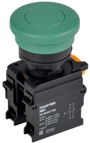 Кнопка ''Грибок'' без фиксац. d - 22 мм 1NO+1NC зелёная MASTER IEK MI-BG60-11M-3-21-K06