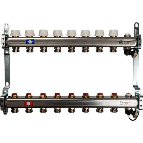 Блок коллекторный с ручными регулировочными клапанами 1' х 8 выходов 3/4' НР евроконус воздухоотводчиком и сливом - SMS 0932 000008 STOUT RG008Q1TNQ3HKD