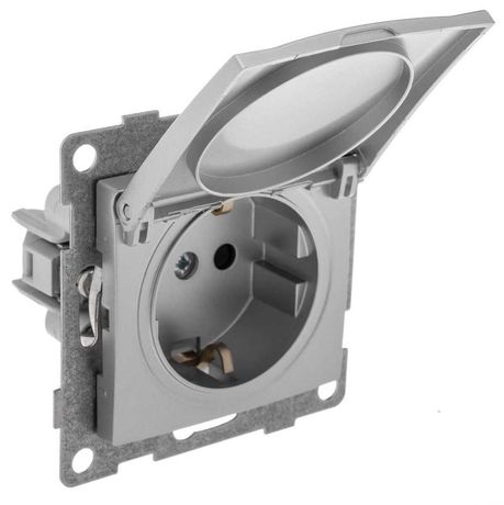 Розетка однопостовая Bravo с/з с з/ш и крышкой, механизм, 16А, 250В, серебро - С10Р91-004 GUSI