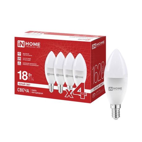 Лампа светодиодная LED-СВЕЧА-VC 4PACK 18Вт свеча 4000К E14 1620лм 230В (уп.4шт) IN HOME 4690612066707 IN HOME арт. 4690612066707
