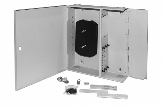 Бокс оптический FO-WBX-6хSLT-W140H42-48UN-GY универс. настенный от 8 до 48 портов (SC duplex LC ST FC) (со спайс. пласт. без пигтейлов. и прох. адапт.) сер. Hyperline 250444