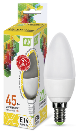 Лампа светодиодная LED-свеча-standard 5Вт свеча 3000К тепл. бел. E14 450лм 160-260В ASD 4690612002200