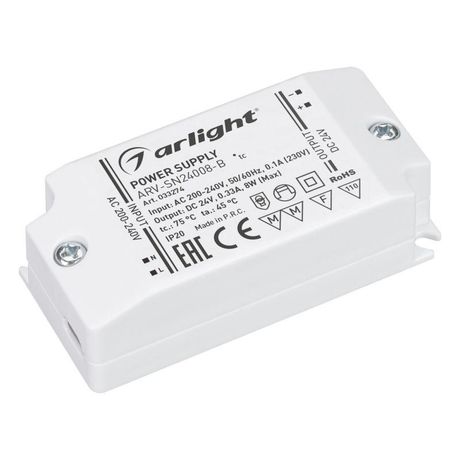 Блок питания ARV-SN24008-B (24V, 0.33A, 8W) (Arlight, IP20 Пластик, 3 года) | 033274 Arlight