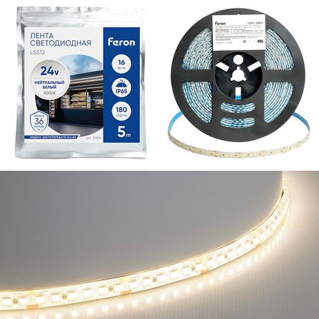 Лента светодиодная 16Вт/м 24В 4000К IP65 180LED/м LS512 - 51826 FERON