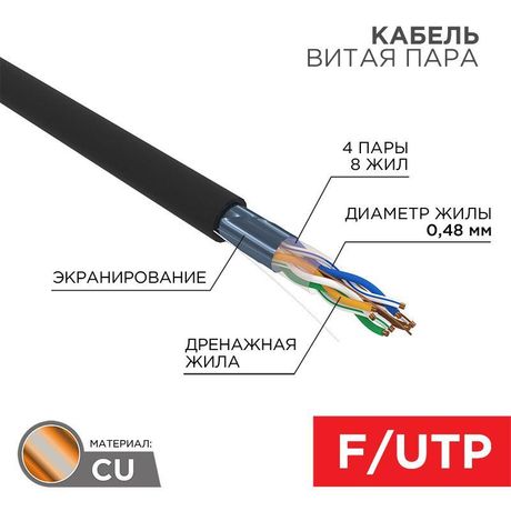 Кабель витая пара F/UTP кат.5e 4х2х24AWG solid PE OUTDOOR медь наружн. прокл. черн. (м) PROCONNECT 01-0154 MEET