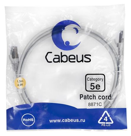 Патч-корд PC-FTP-RJ45-Cat.5e-1.5m-LSZH F/UTP, категория 5е, 2xRJ45/8p8c, экранированный, серый, LSZH, 1.5м - 8871c Cabeus