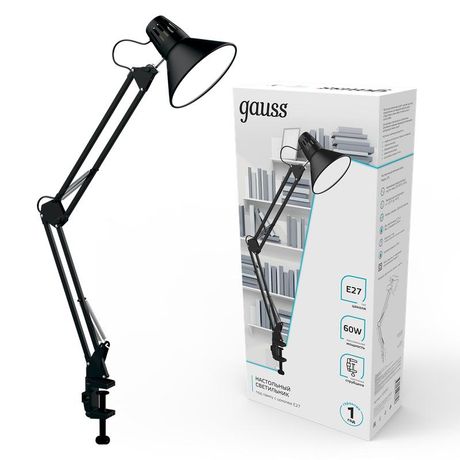 Светильник настольный под лампу E27 х60 Вт 220-240В IP20 480х165 мм Черный струбцина GTL Gauss - GT0012