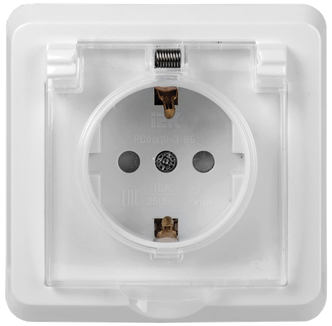 Розетка 1-м СП Вега РСбш10-3-ВБ 16А IP44 с заземл. защ. шторки крышкой бел. IEK ERV16-K01-16-DM