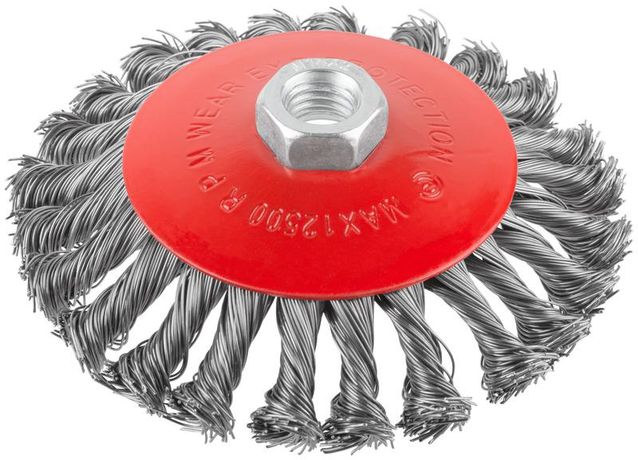 Корщетка-колесо с наклоном гайка М14 стальная витая проволока 125мм КУРС 39035