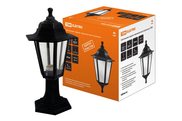 Светильник садово-парковый НТУ 06-60-001 60Вт ЛН/КЛЛ/LED Е27 IP44 шестигранник, стойка, пластик, черный | SQ0330-0702 TDM