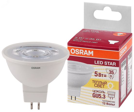Лампа светодиодная LED STAR MR16 3536 5W/830 12V GU5.3 350лм 5Вт (замена 35Вт) 3000К тепл. бел. 12В прозр. пласт. OSRAM 4058075481282