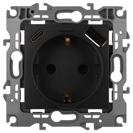 Розетка Серия 12 12-4108-05 2P+E 16A-250В со шторками с USB type-A+C 5В-3А антрацит | Б0067707 ЭРА