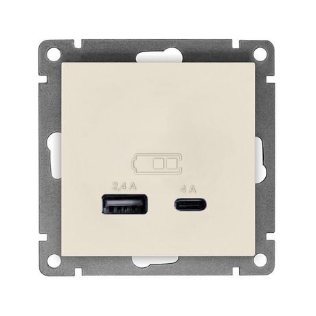 Розетка 2-м USB СП Афина тип А+С 5В 1х2.4А 2х4А механизм слон. кость (ivory) Universal А0059-I Союз