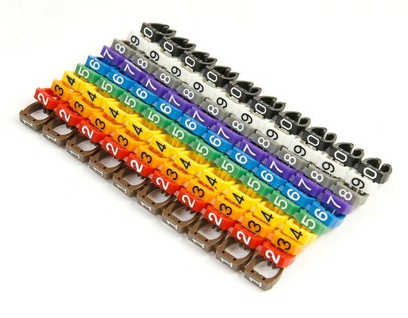 Маркеры (клипсы) на кабель, защелкивающиеся D 4-5.5мм, '0'-'9', 10 цветов (100 шт.) - 7433c Cabeus MR-55
