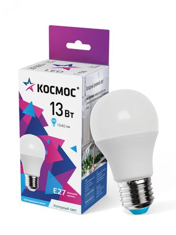 Лампа светодиодная LED 13Вт 220В Е27 D60х110 6500К холодный A60 1040 лм КОСМОС - LkecLED13wA60E2765
