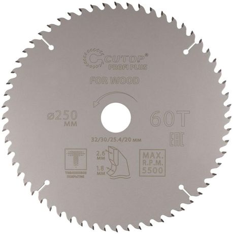 Диск пильный по дереву с тефлоновым покрытием 60Т, CUTOP Profi plus, 250 х 1,8/2,6 32/30/25,4/20 мм - 75-25060Т РОС
