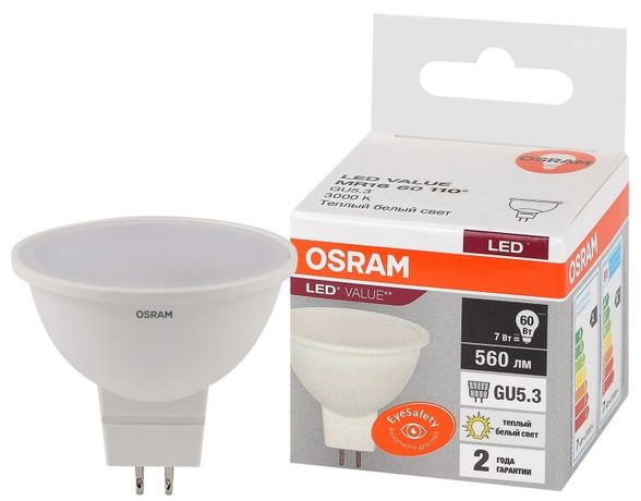 Лампа светодиодная LED 7 Вт GU5.3 3000К 560Лм спот 220 В (замена 60Вт) OSRAM - 4058075582781