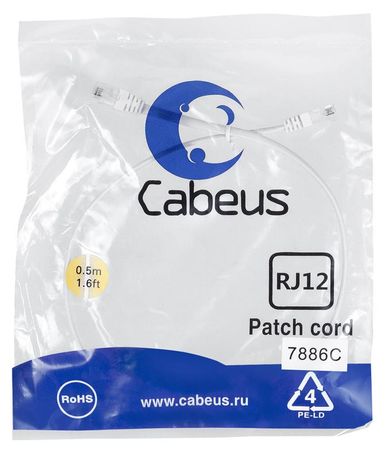 Патч-корд PC-TEL-RJ12-0.5m телефонный 2х6р4с, белый, PVC, 0.5 м - 7886c Cabeus