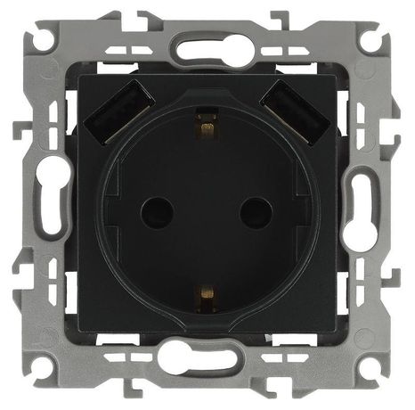Розетка 2P+E 16A-250В, штор. с 2xUSB 5В-3А, Эра Elegance, антрацит 14-4109-05 - Б0047871