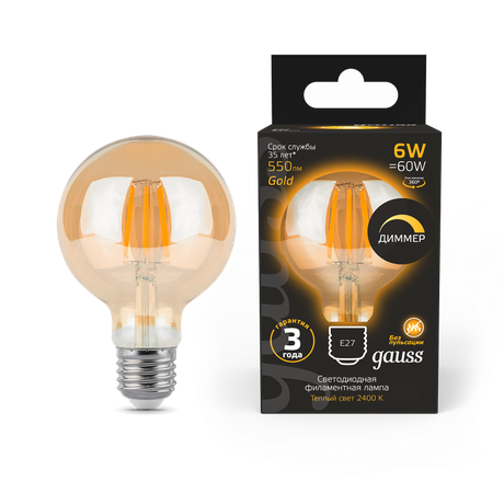 Лампа светодиодная филаментная LED 6 Вт 620 лм 2400К AC185-265В E27 шар G95 теплая золотистая колба диммируемая Black Filament Gauss - 105802006-D